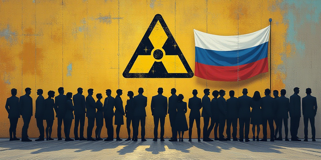 a group of people standing in front of a wall with a radiation sign on it's side and a flag of the c