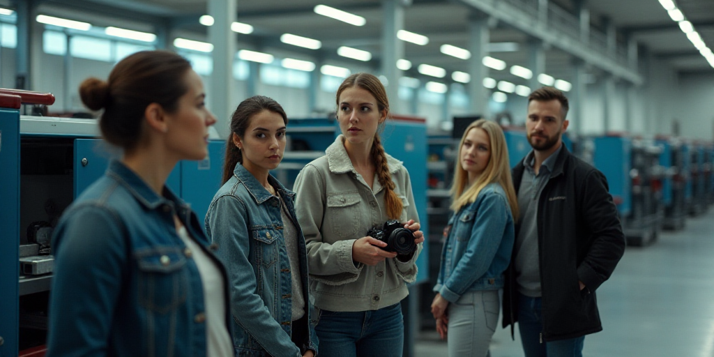 a group of people standing next to each other in a factory area with machinery in the background and