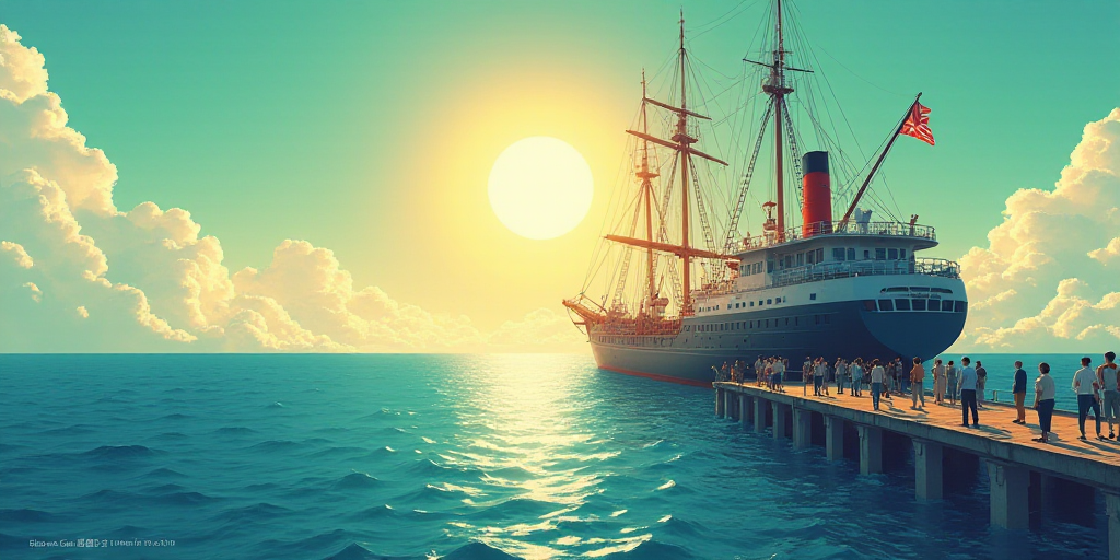 a group of people standing on a pier next to a large ship in the ocean with a sun shining, Eiichiro