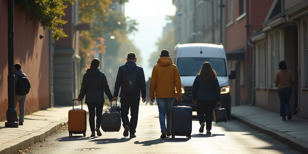a group of people walking down a street with luggage and a van behind them and a van behind them, Ce