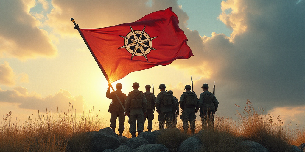 a group of soldiers holding a flag in the air with a star on it and a compass on it, Avgust Černigo