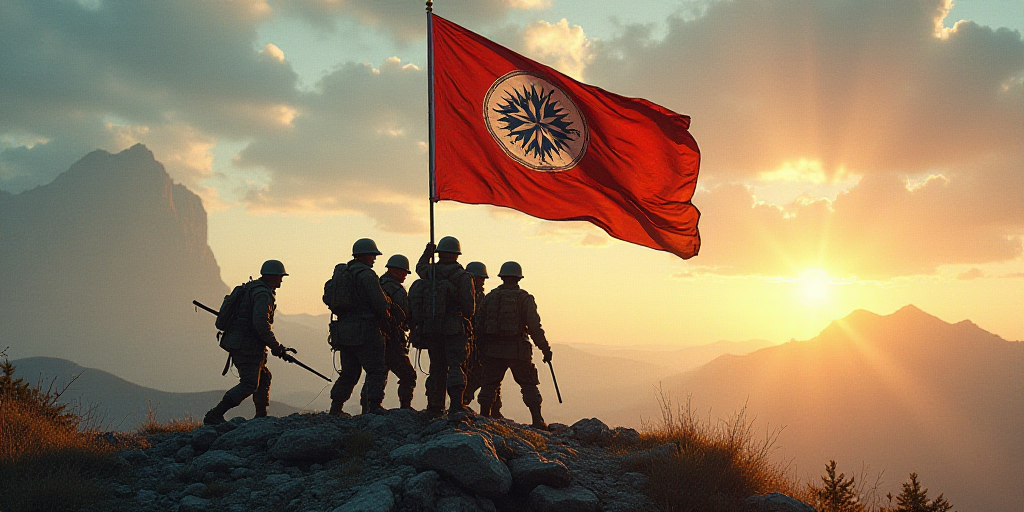 a group of soldiers holding a flag in the air with a star on it and a compass on it, Avgust Černigo