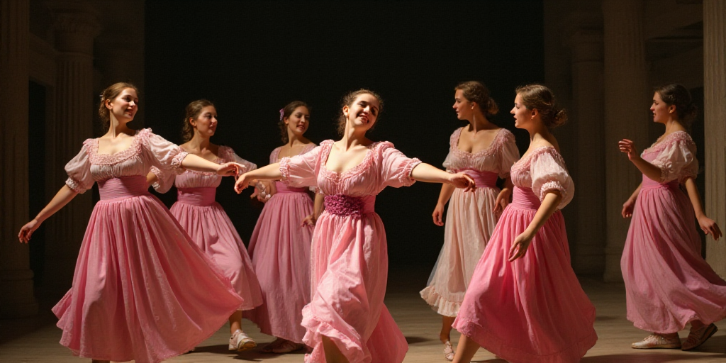 a group of women in pink dresses dancing on stage with one woman in the middle of the group and one