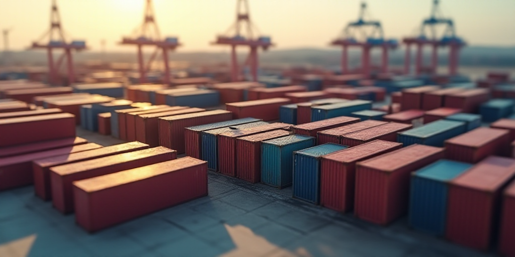 a large amount of containers are stacked up together in a large container yard with a crane in the b