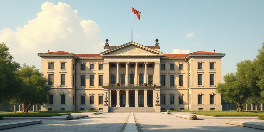 a large building with a flag pole in front of it and a flag pole in the middle of the building, Amad