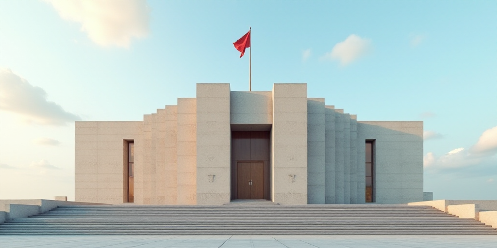 a large building with a lot of steps in front of it and a flag on top of it and a sky background, An