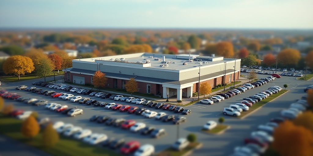 a large building with many cars parked in it's parking lot and a parking lot in the background, Arli