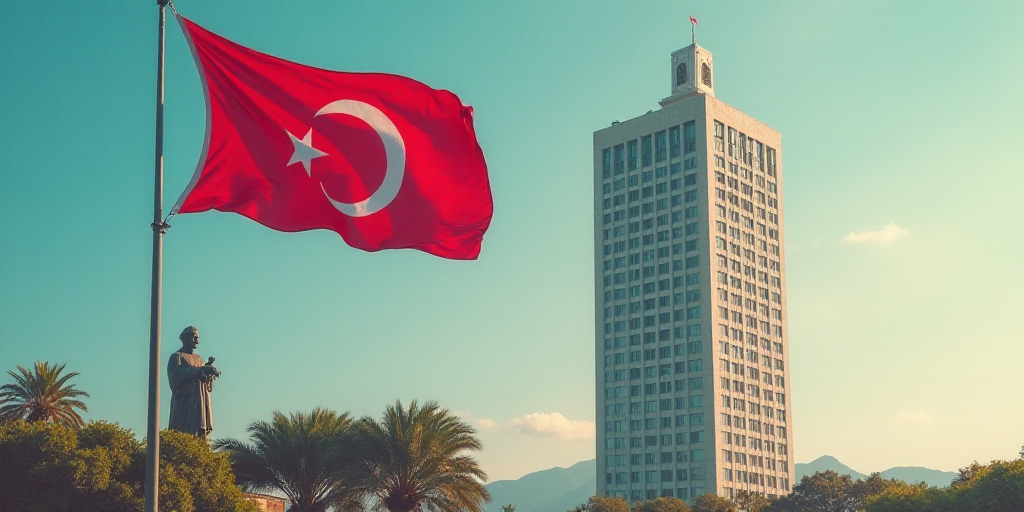 a large flag flying in front of a tall building with windows in the background and a statue of a man