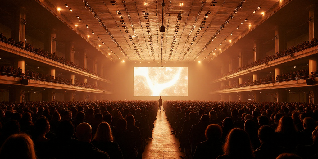 a large group of people in a large room with a ceiling full of lights and a stage with a large scree