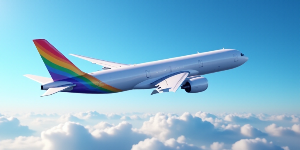a large jetliner flying through a blue sky with clouds in the background and a rainbow painted tail