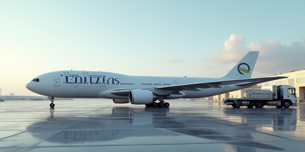 a large jetliner sitting on top of an airport tarmac next to a loading truck and a building, Ei-Q, c