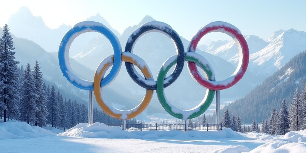 a large olympic sign in front of a snowy mountain range with trees and a fence in the foreground, Fl