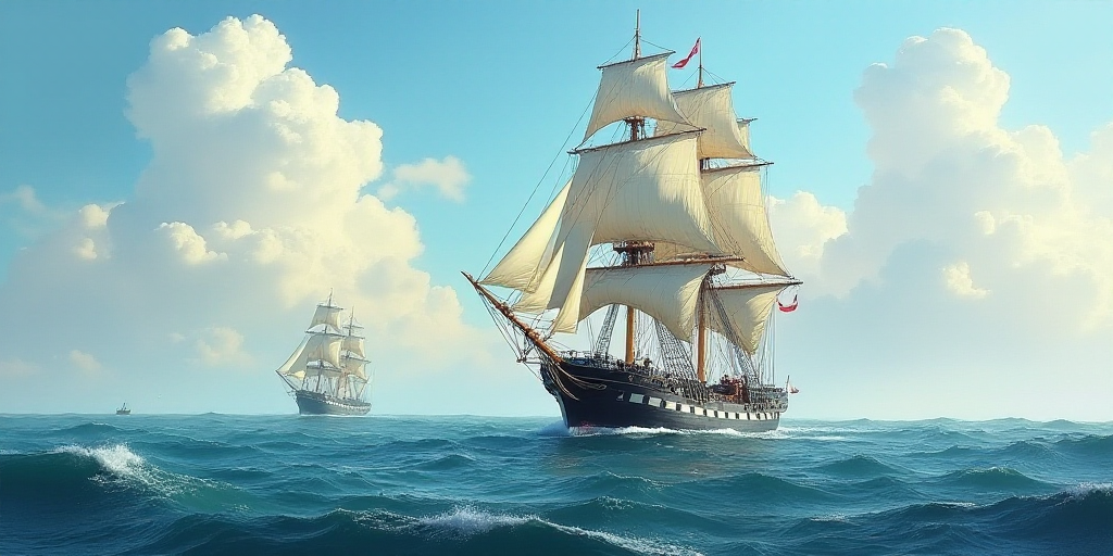 a large ship in the middle of the ocean with a sky background and clouds in the background, with a s