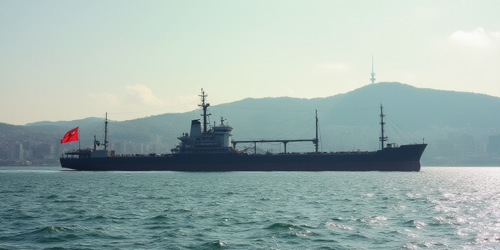 a large ship in the water with flags flying in front of it and a city in the background with a hill