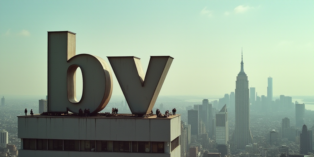 a large sign that is on top of a building with a city in the background and a building with a giant