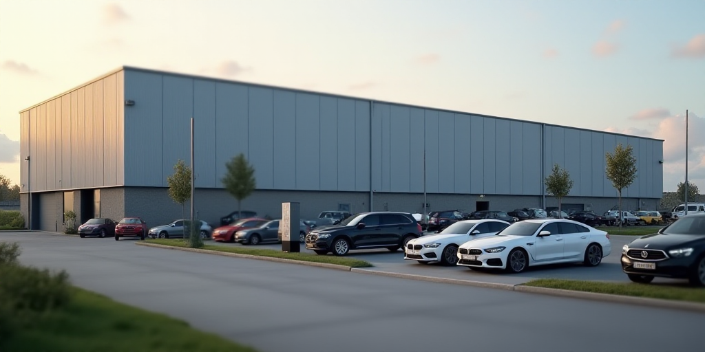 a large warehouse building with a lot of cars parked in front of it and a parking lot in front of it