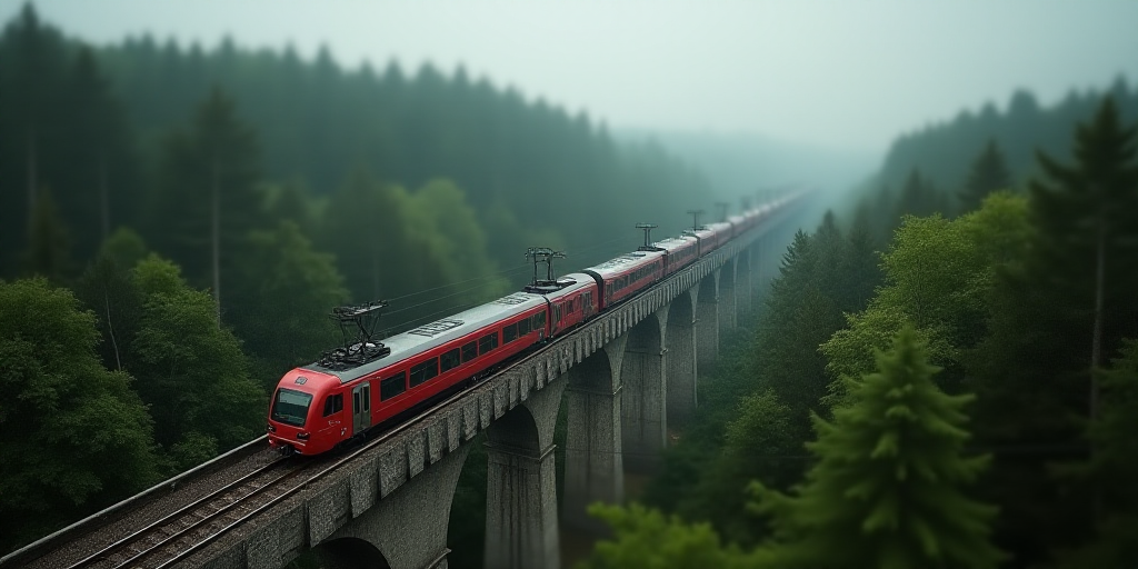 a long bridge with a train on it going over a bridge in the middle of a forest area with trees, Bela
