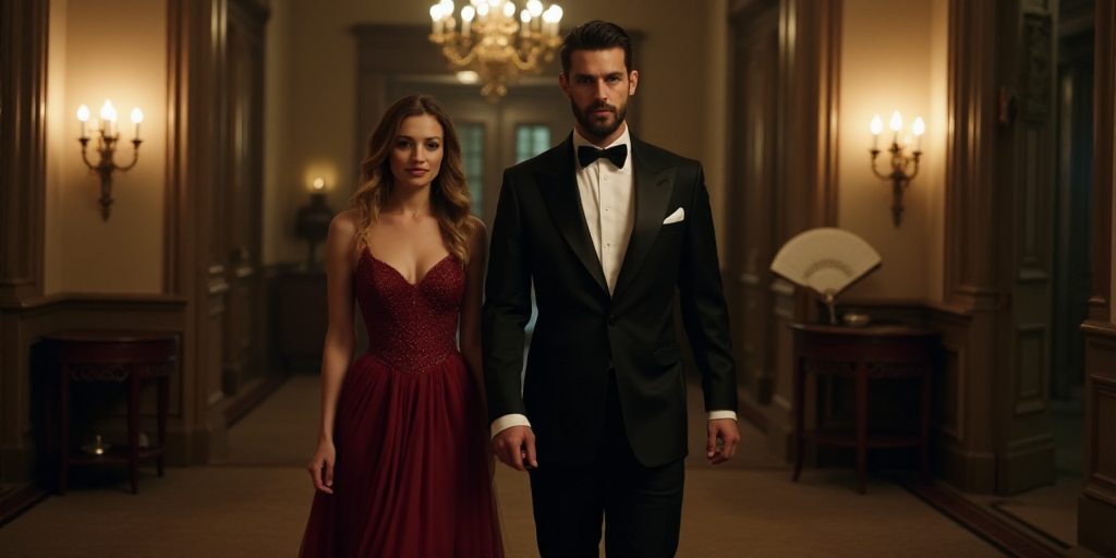 a man and woman in formal wear walking together in a room with a fan behind them and a fan behind th
