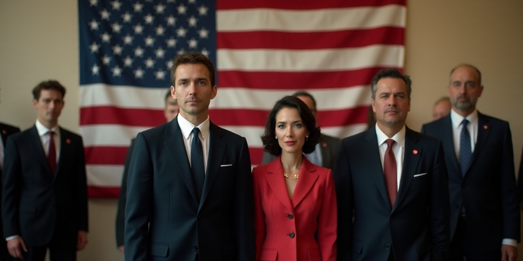 a man and woman in suits standing in front of a flag and other people in suits and ties and ties, Cl