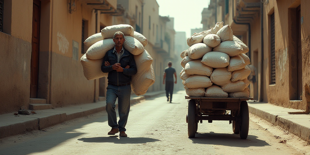 a man carrying a large amount of bags down a street next to a man pushing a cart with a large load o