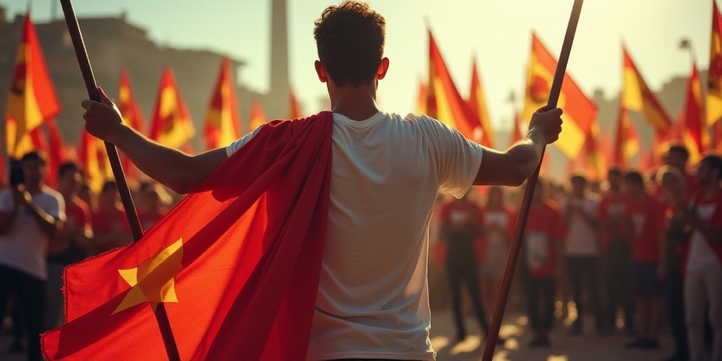 a man holding a flag and a flag pole in front of a crowd of people with flags in their hands, Aquira