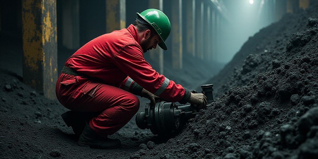 a man in a red suit and green helmet working on a piece of machinery in a coal mine area, Colijn de