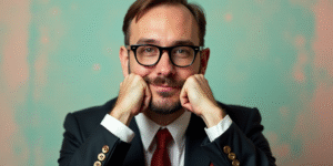a man in a suit and glasses is posing for a picture with his hands on his chins and his chin resting