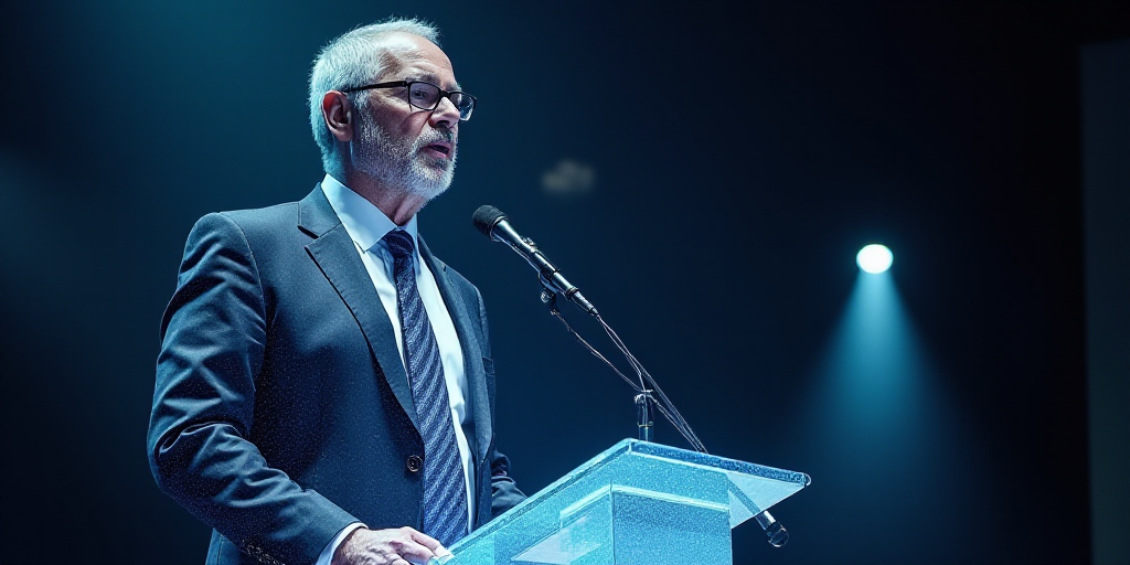 a man in a suit and tie giving a speech at a podium with a microphone in his hand and a sign behind