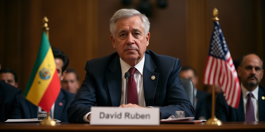 a man in a suit and tie sitting at a table with flags in front of him and a microphone in front of h