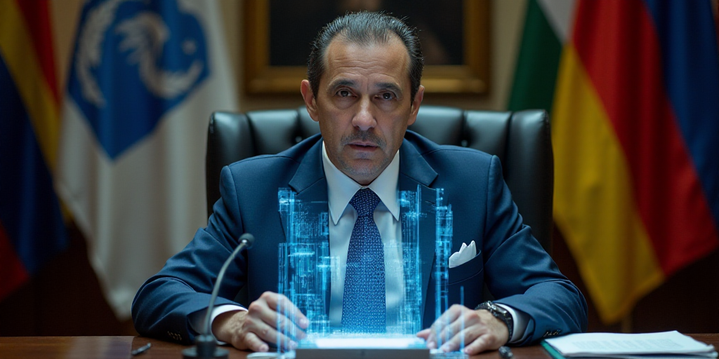 a man in a suit and tie sitting at a desk with a microphone in front of him and flags behind him, Ca