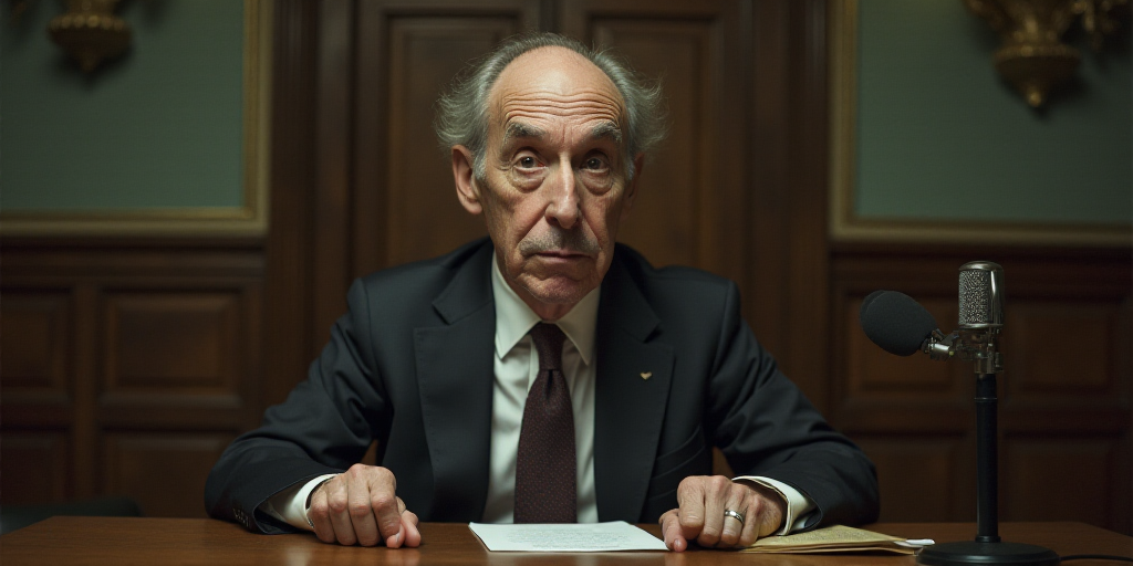 a man in a suit and tie sitting at a table with a microphone in front of him and a microphone in the