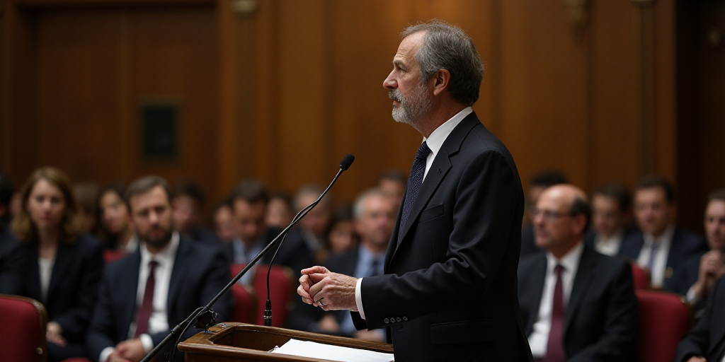 a man in a suit and tie speaking into a microphone in a room with other people sitting in chairs, An