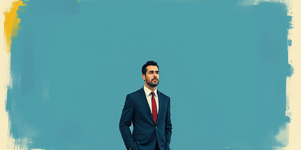 a man in a suit and tie standing in front of a blue background with a white and yellow border, Carlo