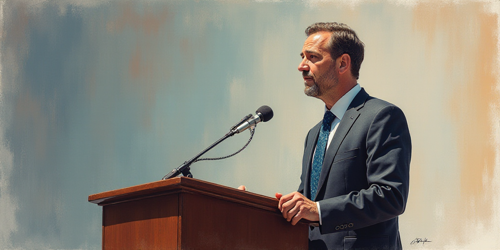 a man in a suit and tie standing at a podium in front of a microphone and a microphone stand, Bernat