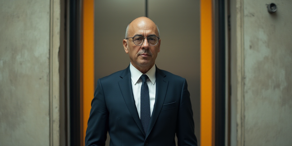 a man in a suit and tie standing in front of a wall with vertical stripes on it's sides, Enki Bilal,