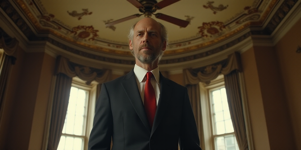 a man in a suit and tie standing in a room with a ceiling fan and a large window behind him, Donald