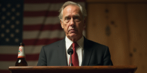 a man in a suit and tie standing at a podium with a microphone in front of him and a bottle of beer