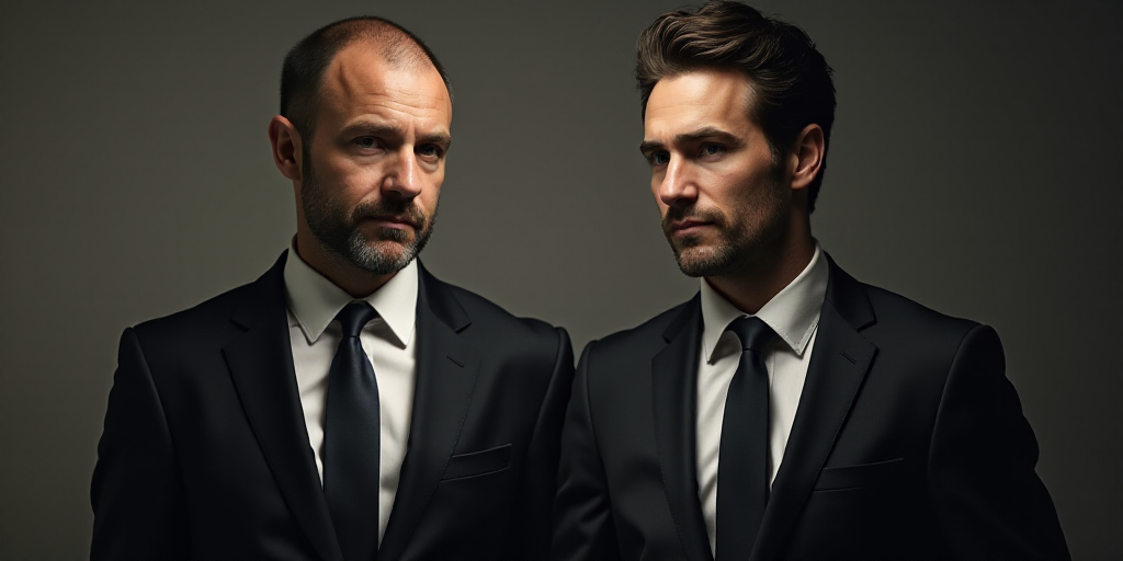 a man in a suit and tie standing next to another man in a suit and tie looking at a camera, De Hirsh