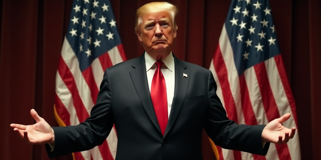 a man in a suit and tie standing in front of two american flags with his hands out in front of him,