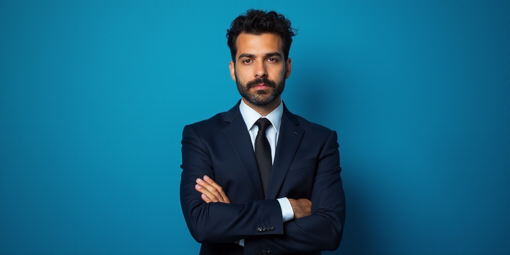 a man in a suit and tie standing with his arms crossed in front of him with a blue background, Estua