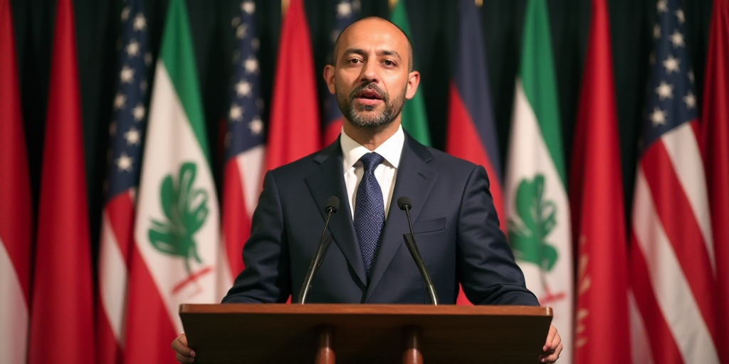 a man in a suit and tie standing at a podium with flags behind him and a microphone in front of him,