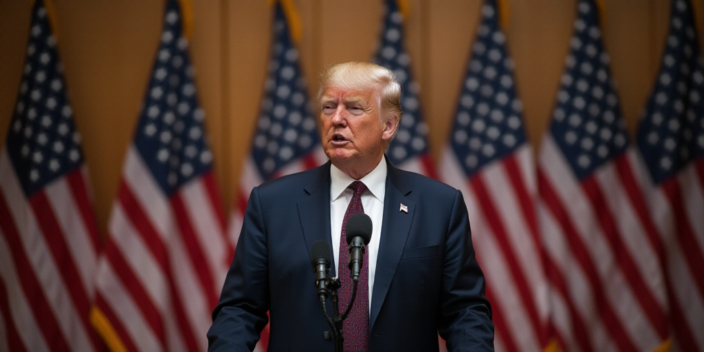 a man in a suit and tie standing in front of a wall with flags on it and a microphone, Donald Roller