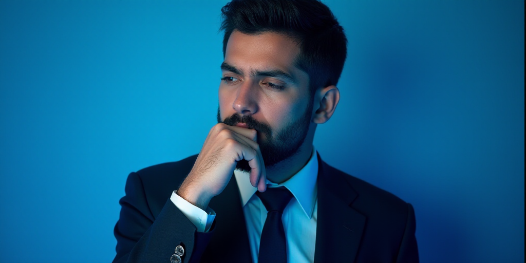 a man in a suit is posing for a picture with his chin resting on his hand, with a blue background, A