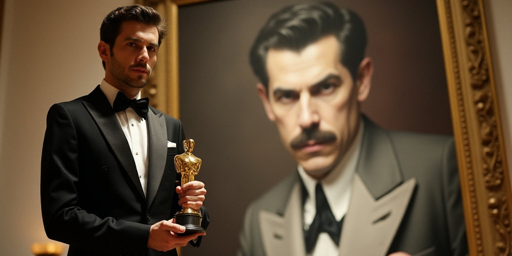 a man in a tuxedo holding a golden award in front of a picture of a man with a mustache, David Alfar