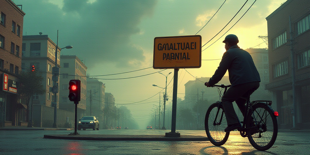 a man riding a bike down a street next to a traffic light and a sign that says, aletra maradu, Féli