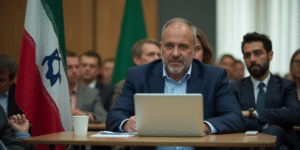 a man sitting at a table with a laptop computer in front of him and a flag behind him in a room with