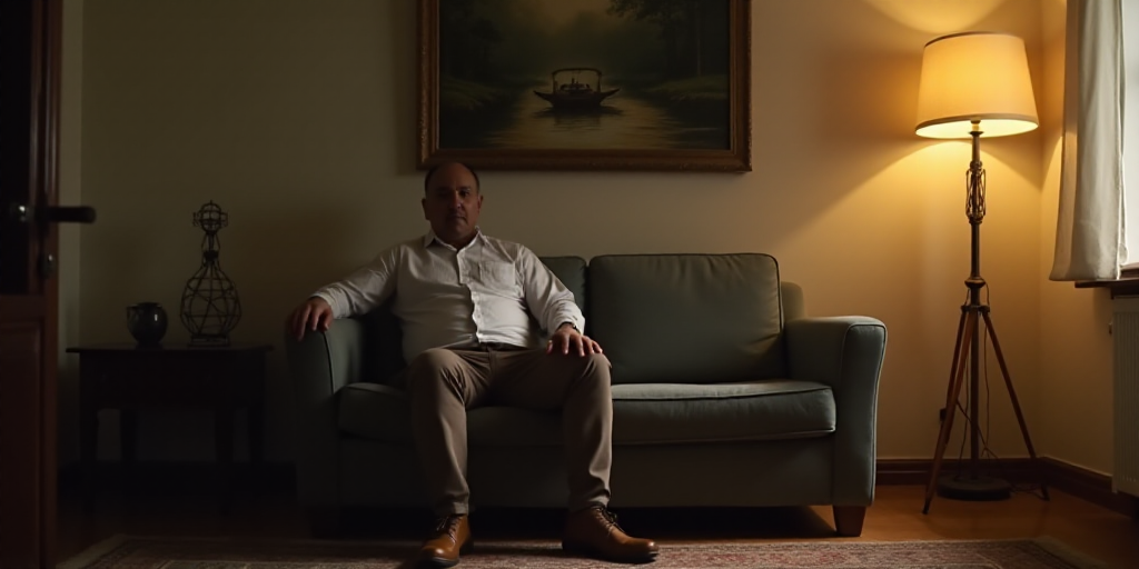 a man sitting in a chair in a living room with a lamp on the side of the room and a painting on the