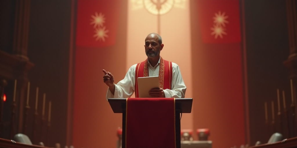 a man standing at a podium with a tablet in his hand and a red and white banner in front of him, Dio