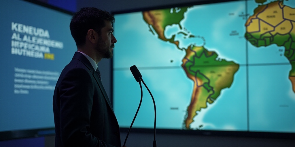 a man standing in front of a large screen with a map on it's side and a microphone in front of him,
