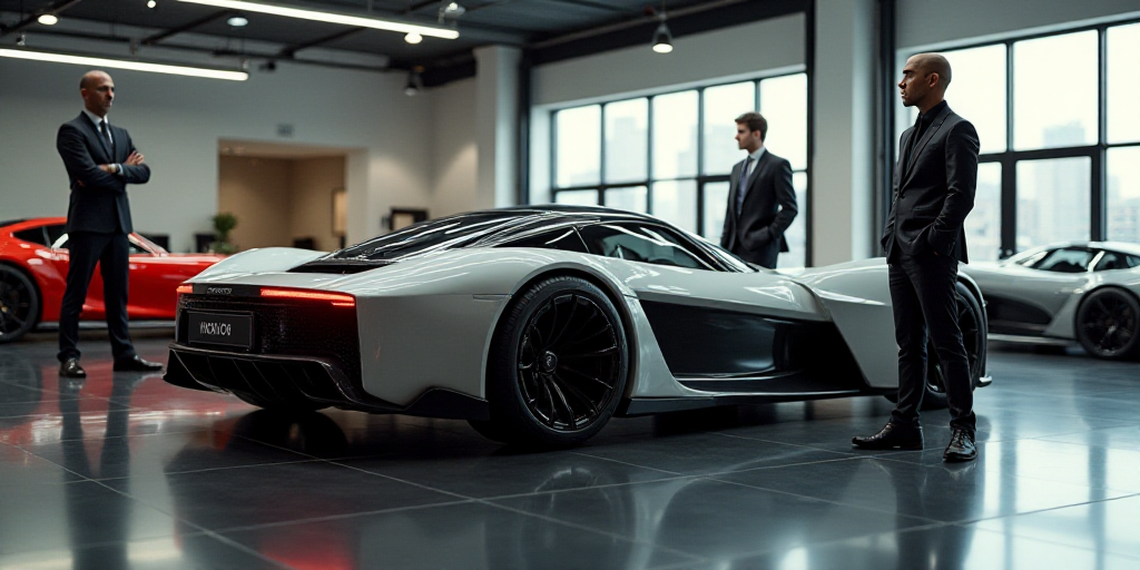 a man standing next to a car on display at a showroom and another man standing next to a car, Cornel